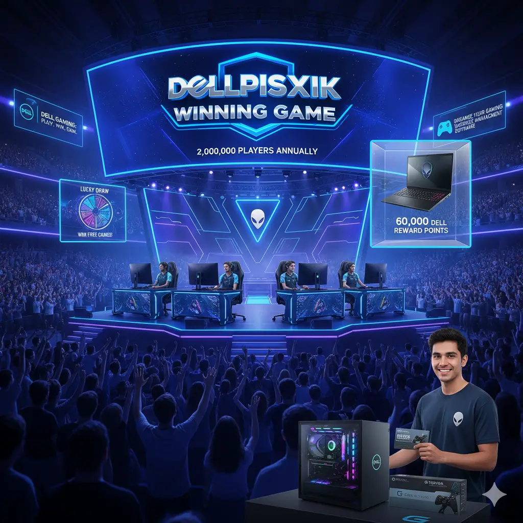 "Dellpisxik Winning Game," prize callouts like a gaming laptop, and 60,000 Dell Reward Points. A smiling gamer in the foreground holds a new Dell gaming PC and accessories.