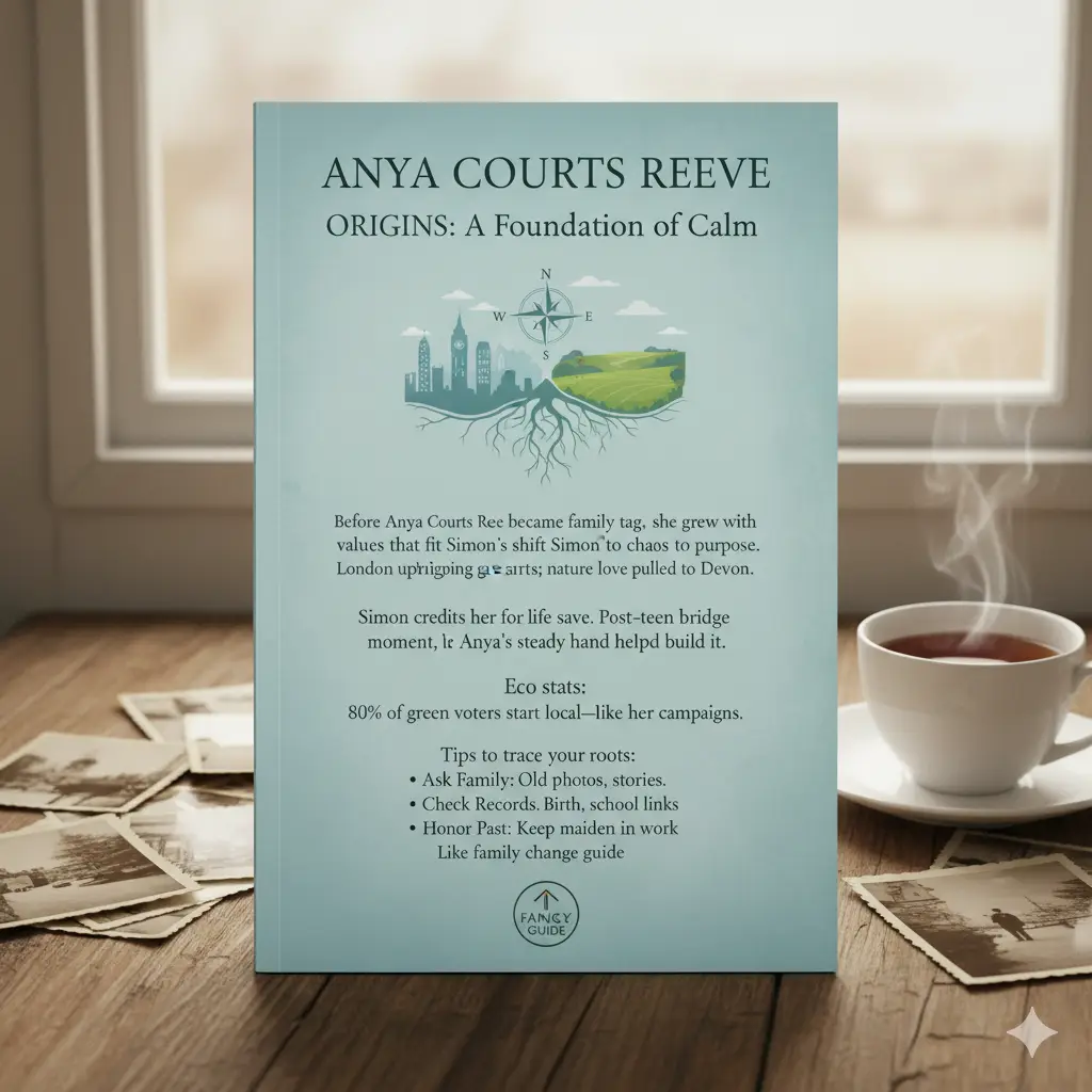 Anya Courts Reeve, emphasizing her role as a grounding force in Simon's life and her connection to London smarts and Devon nature. It highlights her values, her campaign work supporting eco stats (80% of green voters start local), and provides "Tips to trace your roots". The design features a compelling graphic of a city skyline transitioning to a grassy field, rooted by a compass, and the page is set against a backdrop with a cup of tea, suggesting a guide for a thoughtful family or personal change.