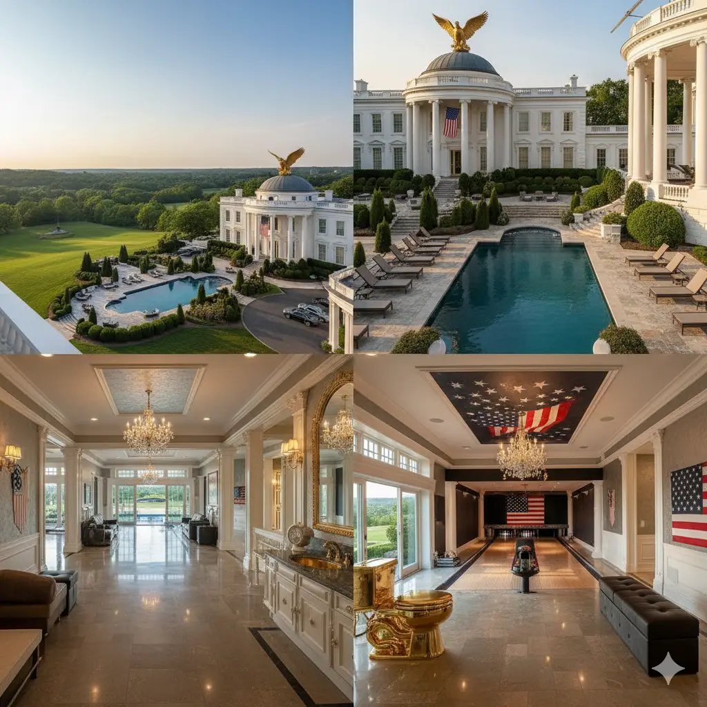 Features include an expansive outdoor pool area, a massive party-ready interior, shiny marble floors, and an indoor bowling lane decorated with an American flag theme. A truly unique and luxurious rock star estate.