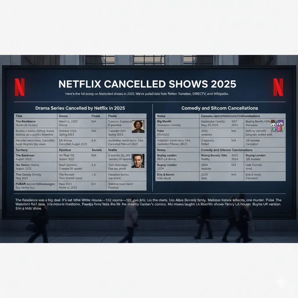 Looking for Netflix's cancelled shows in 2025? Get the full list of axed drama, comedy, sci-fi, and more original series, including "The Residence," "The Sandman," "Big Mouth," and "FUBAR." Find out which shows ended their run and which were cut short, with details on seasons, premiere dates, and reasons for cancellation.