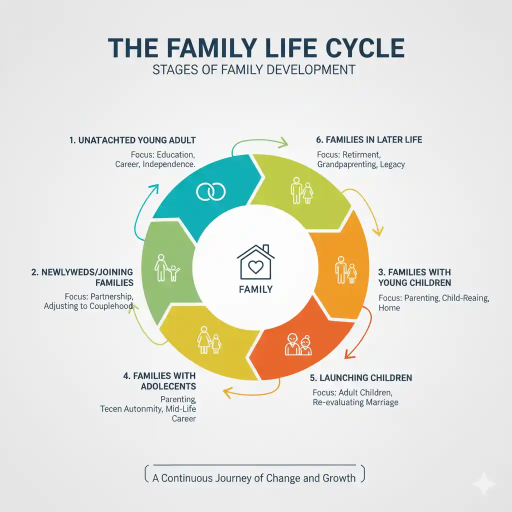 Discover the 6 stages of the family life cycle, from the young adult leaving home to coupling, raising kids, and the empty nest. Understand how families grow and change.