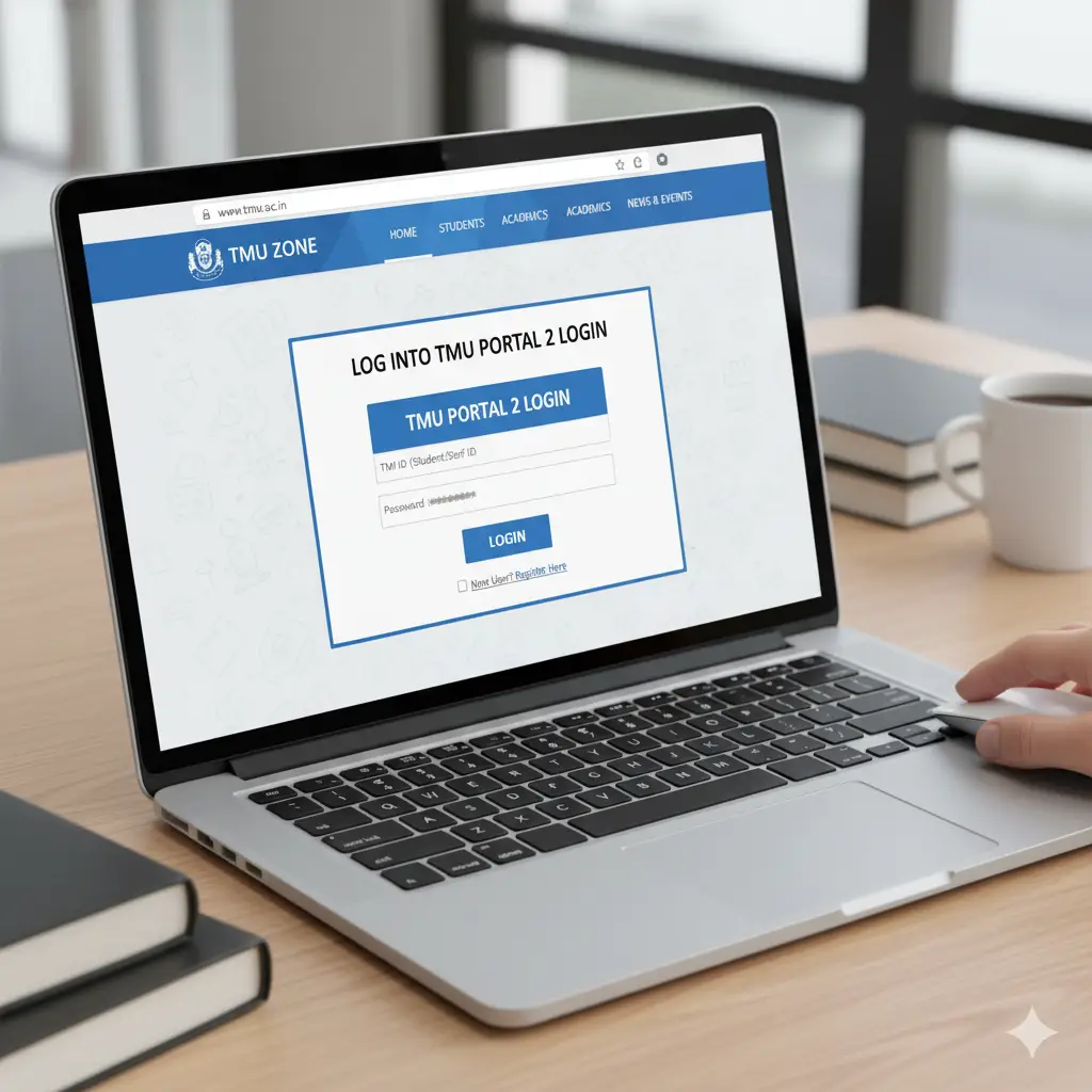 TMU Portal 2 Login screen displayed on a laptop, where students and staff can access the university's online hub to manage classes, grades, fees, and school resources.