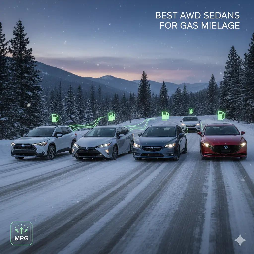 Compare the best AWD sedans for gas mileage on snowy roads, featuring the Toyota Corolla Hybrid, Prius, Camry, Subaru Impreza, and Mazda3.