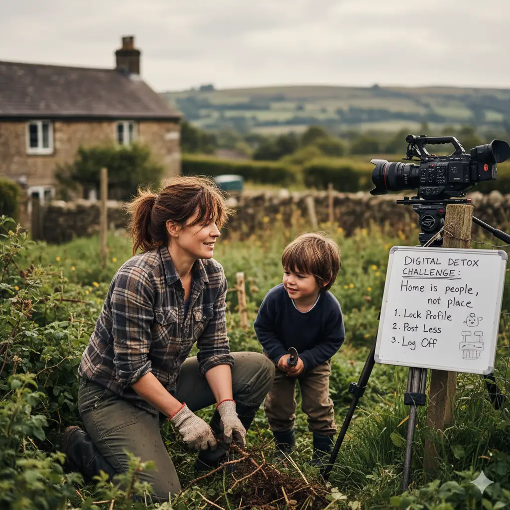 Anya and her son, Jake, gardening outdoors in Devon, symbolizing her choice to prioritize real-life moments over social media. A filmmaking camera and a small whiteboard with "Digital Detox Challenge" tips ("Lock Profile," "Post Less," "Log Off") are visible, contrasting her off-screen life with her professional one. Ideal for articles on digital boundaries, work-life balance, and finding calm away from Instagram.