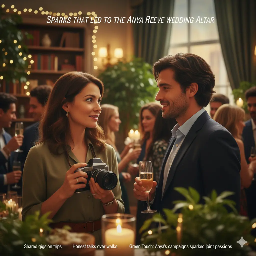 Anya Reeve and Simon in the moment their romance began. See the 'love at first sight' glance at a cozy, crowded party that sparked their journey to the wedding altar.