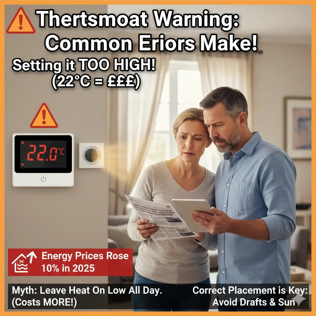 🖼️ Image Meta Description: Britons' Home Heating WarningA man and a woman stand in a living room looking concerned while reading a tablet and a piece of paper, framed by a digital thermostat displaying $22.0^{\circ}\text{C}$ and a red warning sign. The image caption warns against "Setting it TOO HIGH! ($22^{\circ}\text{C} = \pounds\pounds\pounds$)" and highlights that "Energy Prices Rose 10% in 2025".