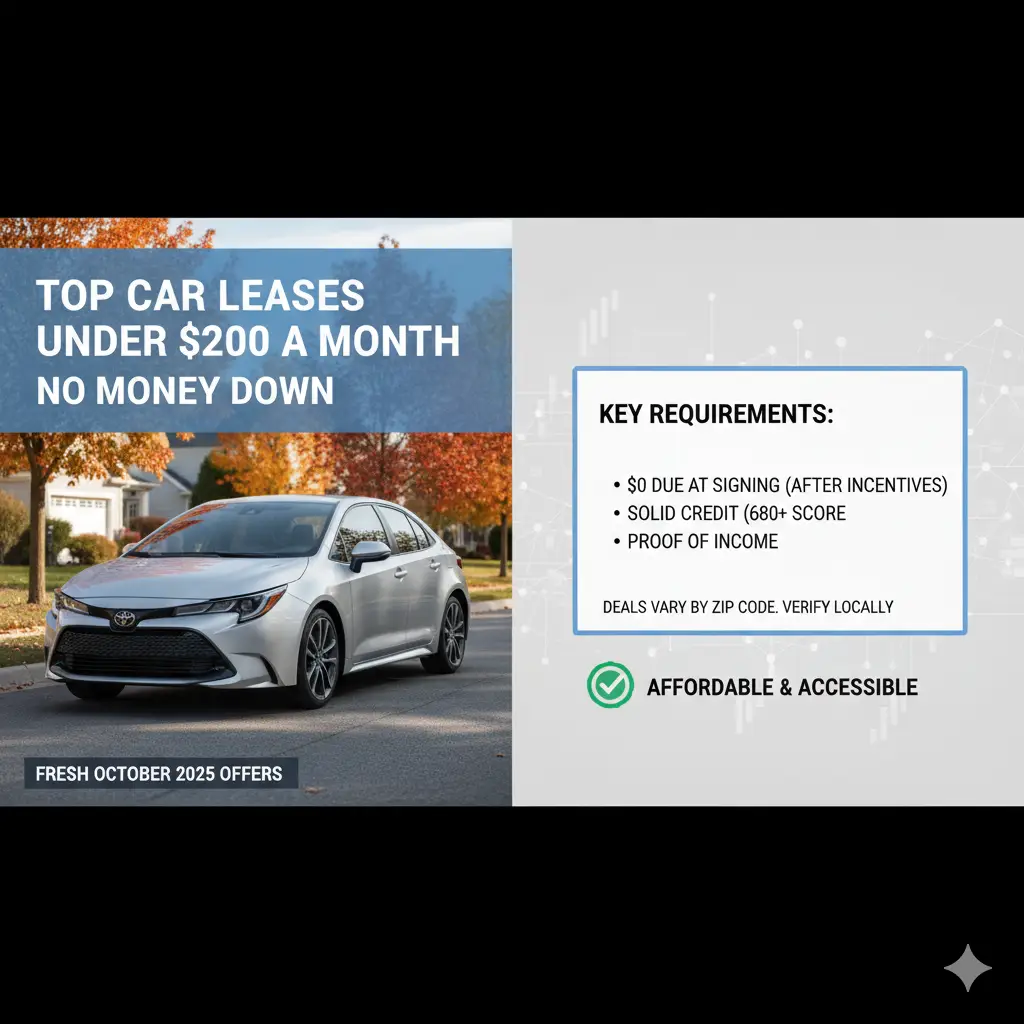 "Discover the top car leases under $200 a month with no money down, featuring fresh October 2025 offers. Learn key requirements like solid credit (680+ score) and $0 due at signing after incentives. Find affordable and accessible car deals."