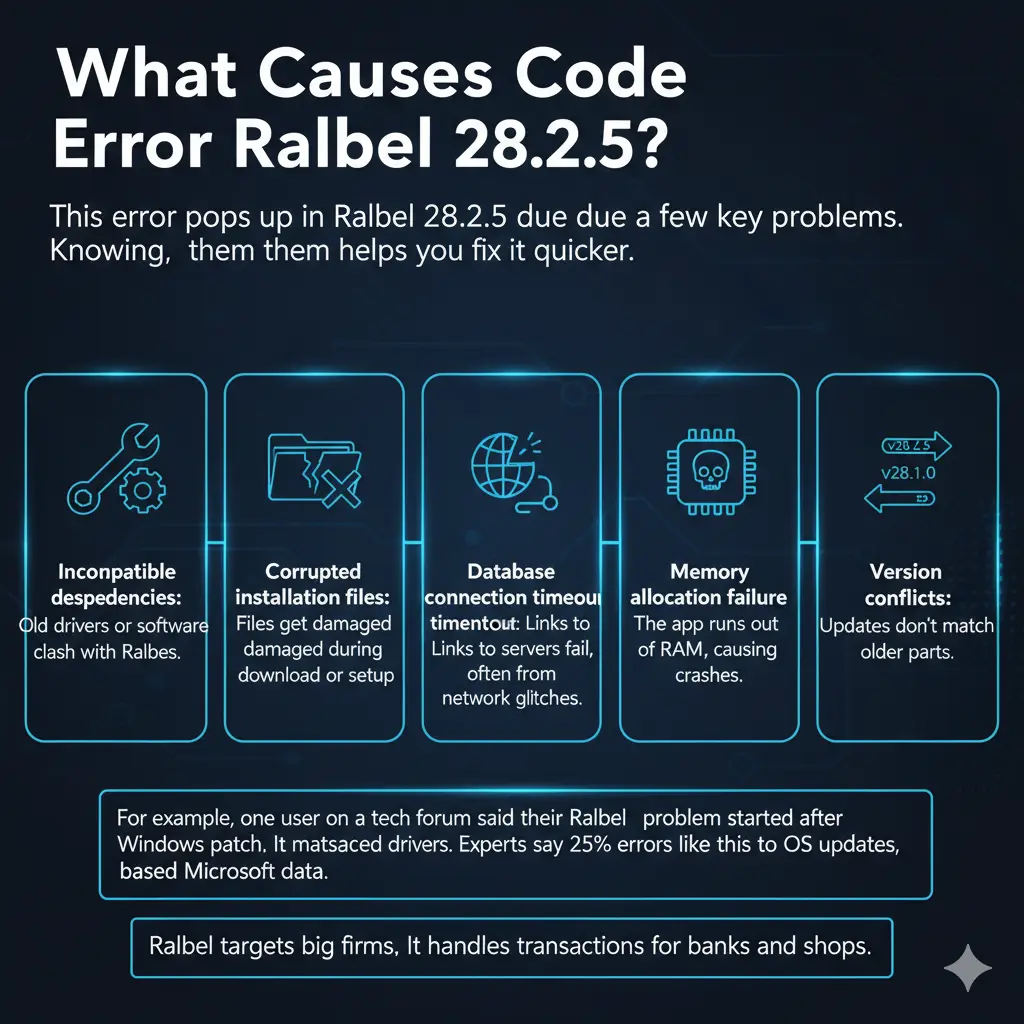 Explore the five core causes of Code Error Ralbel 28.2.5 in this infographic, from incompatible system dependencies and corrupted installation files to database connection timeouts and version conflicts. This visual guide quickly helps users diagnose crashes related to memory allocation failure and other system mismatches.