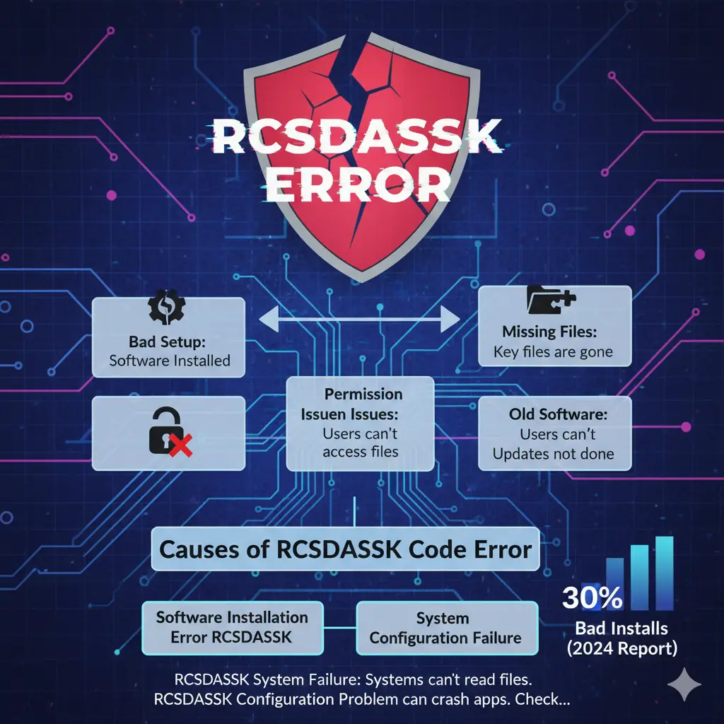 A large, cracked, shield-like icon dominates the top center, emblazoned with the text "RCSDASSK ERROR". The overall aesthetic is digital and technical, with a background of glowing blue circuit board patterns.