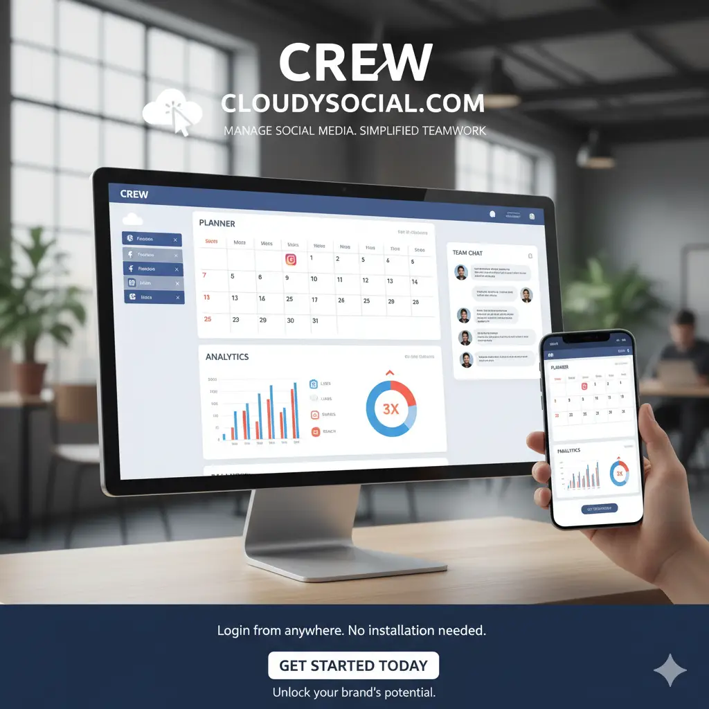 Simplify your social media management with Crew Cloudysocial.com. Plan posts, track analytics, and enable seamless teamwork—no installation required. Start growing your brand today
