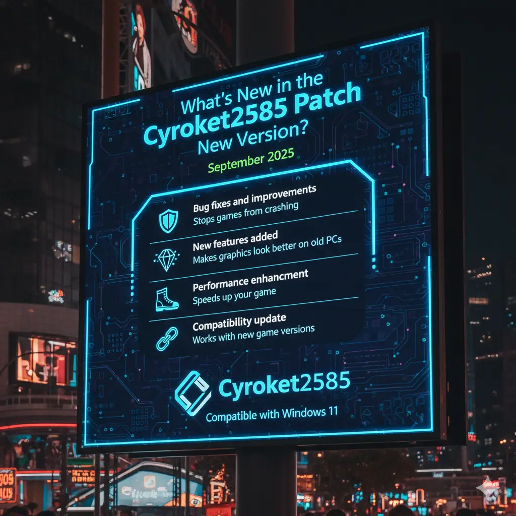 Digital billboard showcasing the 'What's New in the Cyroket2585 Patch New Version?' update from September 2025, detailing bug fixes, new features, performance enhancements, and compatibility updates, including support for Windows 11."