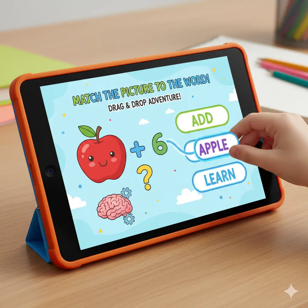 An adorable animated red apple and a plus sign with the number 6 on a tablet screen. A child's hand drags the word "APPLE" to match the picture, illustrating a "drag & drop adventure" game for learning. The words "ADD" and "LEARN" are also available as options.