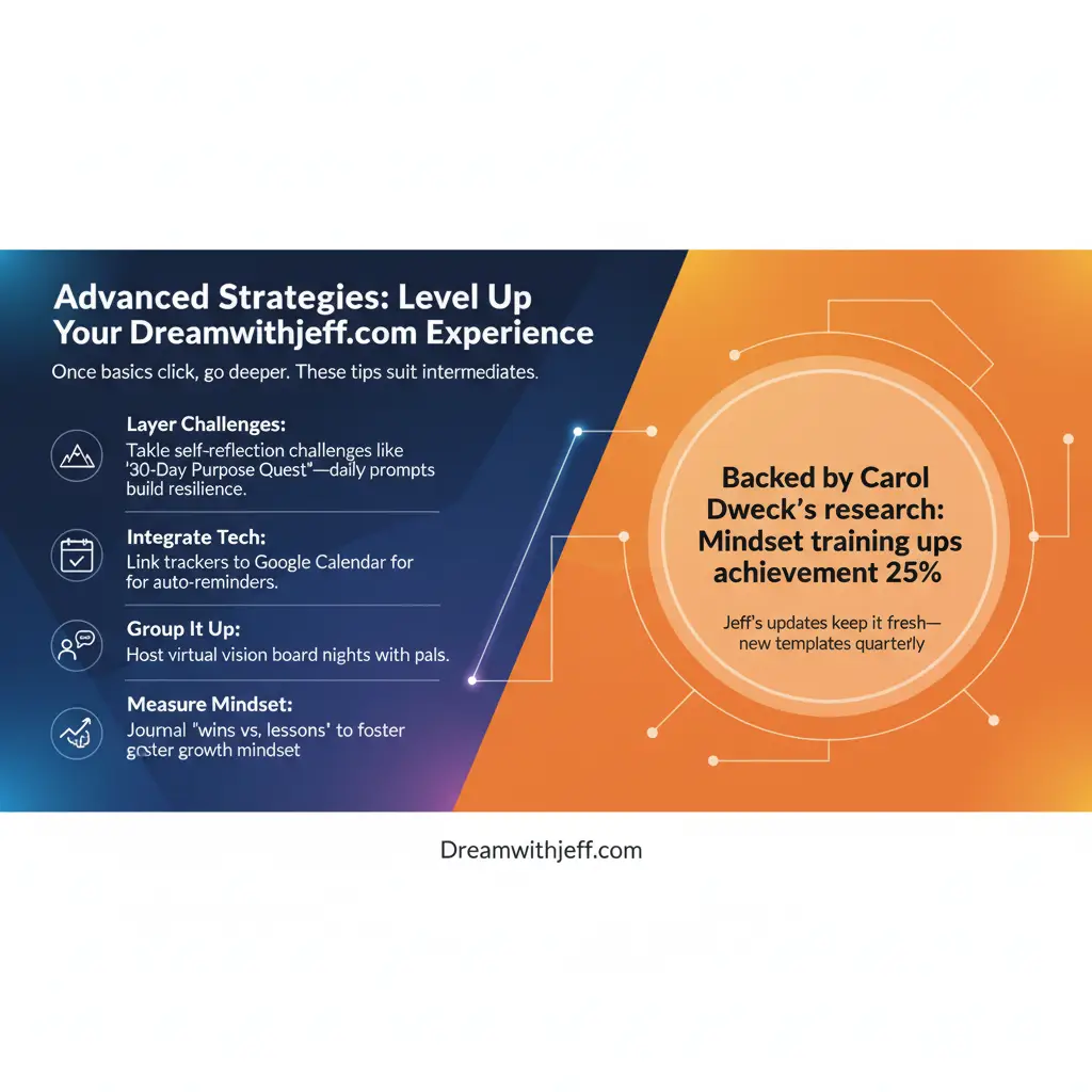 Level up your Dreamwithjeff.com experience with advanced strategies! Learn how to layer challenges, integrate tech, group up, and measure your mindset, backed by Carol Dweck's research.