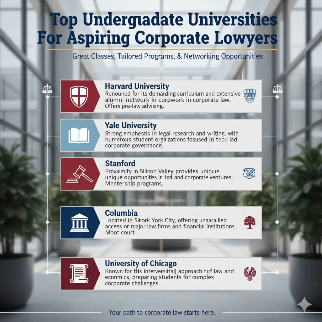 Discover the top 5 undergraduate universities for aspiring corporate lawyers. This infographic highlights institutions with strong pre-law programs, networking opportunities, and tailored curricula for success in corporate law. Your path to corporate law starts here!