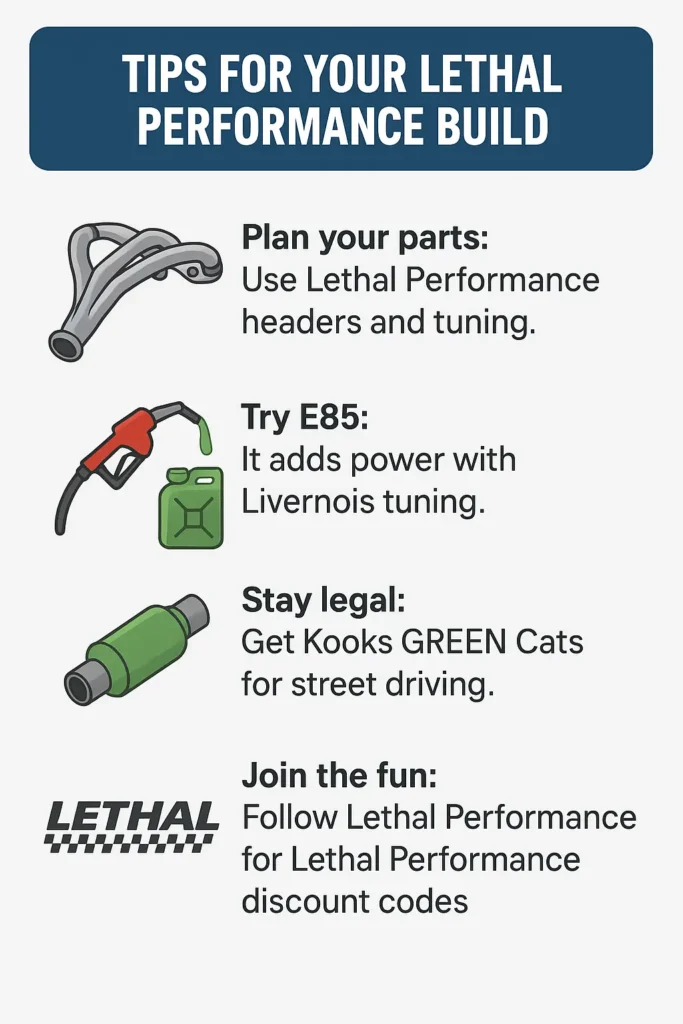 A bold automotive-themed infographic titled "Tips for Your Lethal Performance Build", featuring four illustrated tips for car enthusiasts — planning parts with Lethal Performance headers, using E85 fuel with Livernois tuning, staying street-legal with Kooks GREEN Cats, and following Lethal Performance for discount codes.