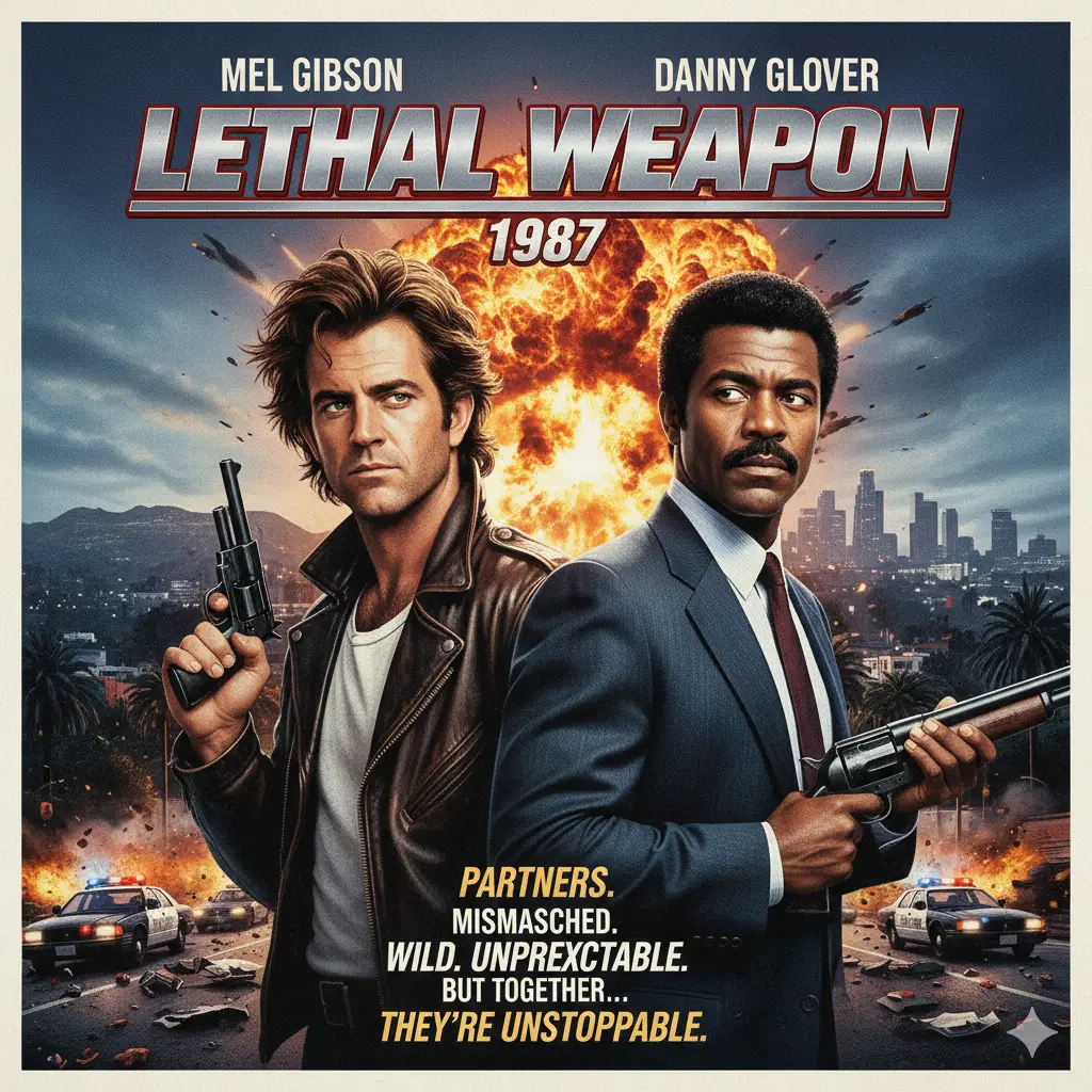 The iconic movie poster for Lethal Weapon (1987) featuring stars Mel Gibson (Martin Riggs) and Danny Glover (Roger Murtaugh) against a backdrop of explosions, police cars, and the Los Angeles skyline. An image capturing the classic mismatched cop duo, action, and humor of the definitive 80s buddy cop film.