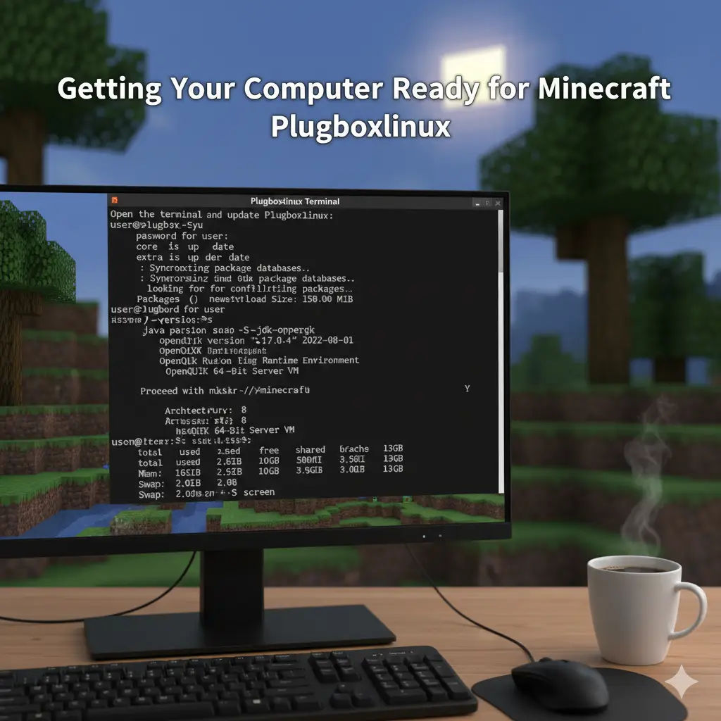 A computer monitor displays a Plugboxlinux terminal showing commands for Minecraft setup, including updating the system, installing OpenJDK Java, creating a Minecraft directory, and checking system resources. The monitor is set against a blurred Minecraft-style background with trees and water, and a cup of coffee sits nearby.