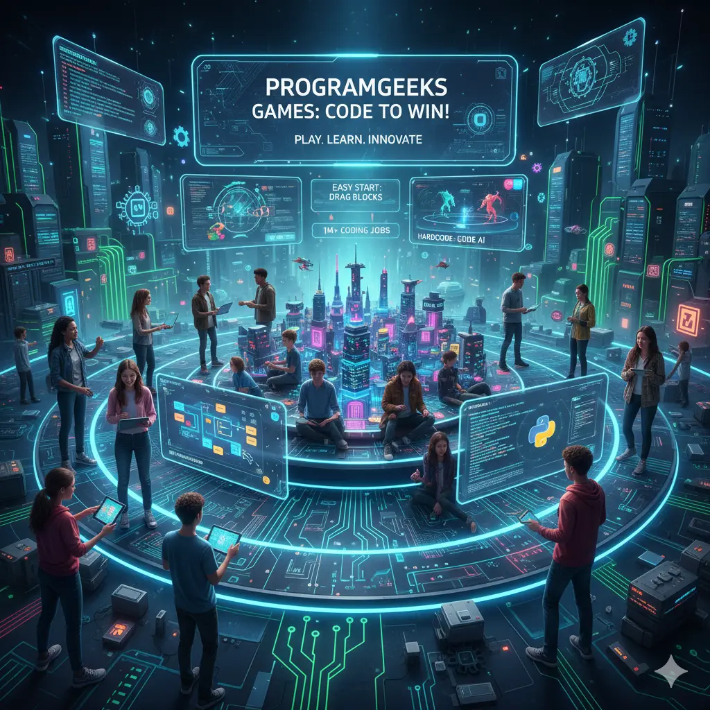 Programgeeks Games: Code to win! Explore a vibrant, futuristic platform where coding meets gaming. Play puzzle games, build virtual worlds, and learn Python/other languages. Perfect for all skill levels, from drag-and-drop beginners to those ready to code AI. Make learning tech fun and prepare for high-demand coding careers.