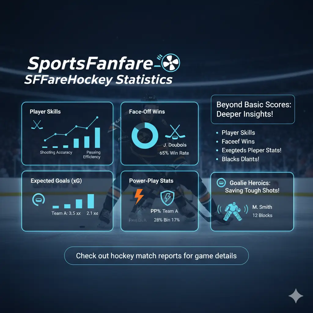 An infographic detailing SportsFanfare's SFFareHockey Statistics, showcasing metrics like Player Skills (shooting accuracy, passing efficiency), Face-Off Wins, Expected Goals (xG), Power-Play Stats, and Goalie Heroics. The image highlights how these stats provide deeper insights beyond basic scores, with graphs and icons representing each category, all set against a subtle hockey rink background.