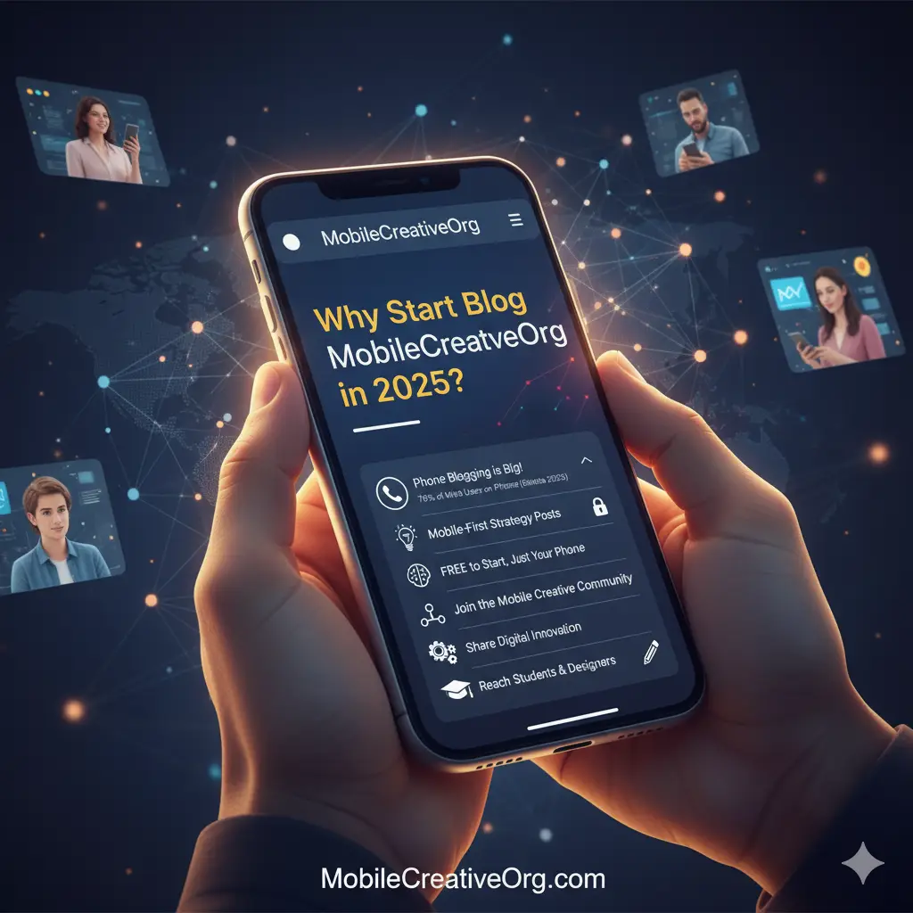 MobileCreativeOrg: Why start phone blogging in 2025? Image highlights the key benefits: free to start, mobile strategy, and joining the creative community.