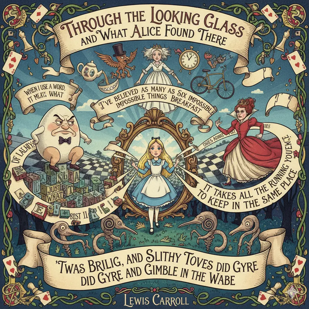 An ornate, richly colored illustration featuring Alice standing in a looking glass mirror frame, surrounded by characters and quotes from the book "Through the Looking Glass and What Alice Found There" by Lewis Carroll.