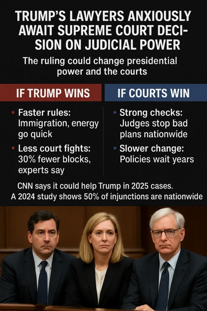 Trump's lawyers awaiting a pivotal Supreme Court decision on judicial power. The visual highlights the stakes for presidential authority, comparing outcomes if Trump or the courts win, with key impacts on immigration, policy speed, and judicial checks."