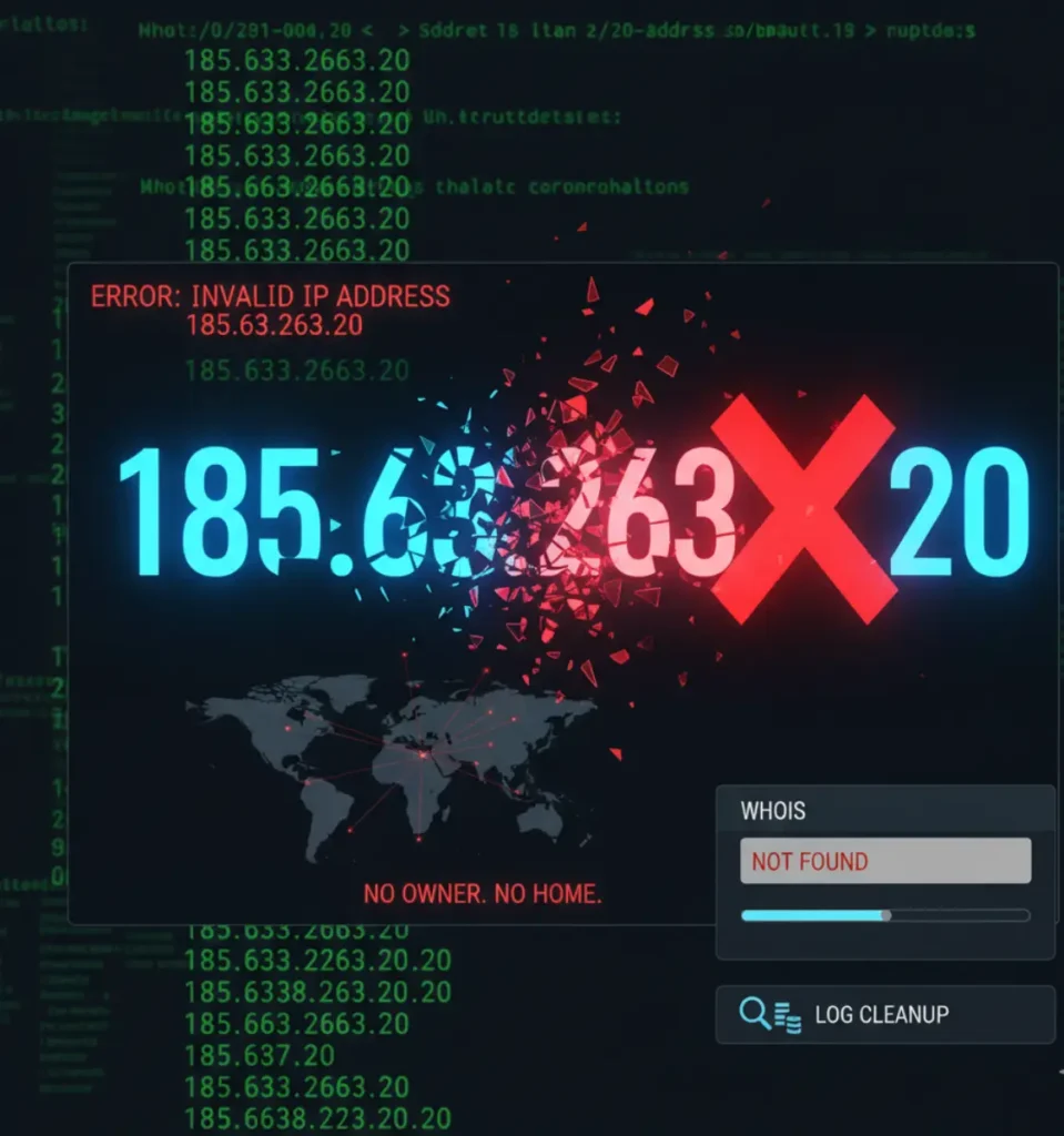 This is a great request! Based on the image you provided—an abstract, digital illustration showing the invalid IP address 185.63.263.20 breaking apart over a network log screen—here are a few meta descriptions.