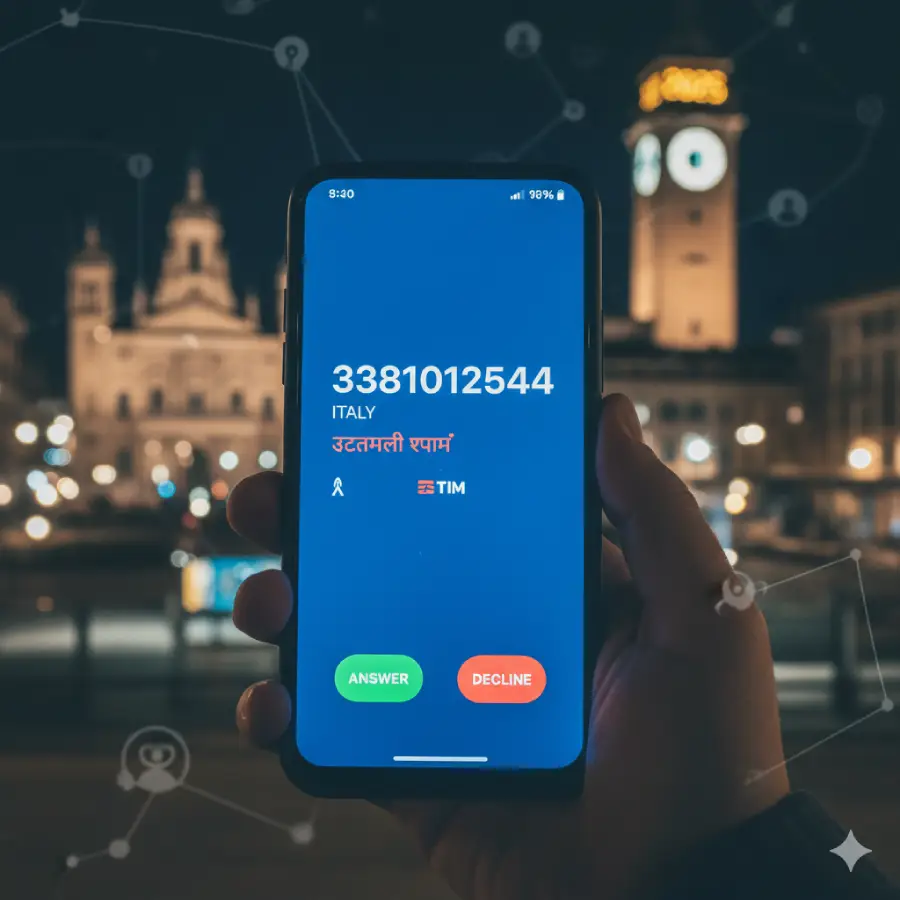 Unwanted call from Italy? A close-up of a smartphone screen shows an incoming call from 3381012544, flagged as potential spam with the TIM carrier logo visible. The call overlays a blurred nighttime city background (possibly Italian), illustrating the common problem of suspicious international mobile calls.