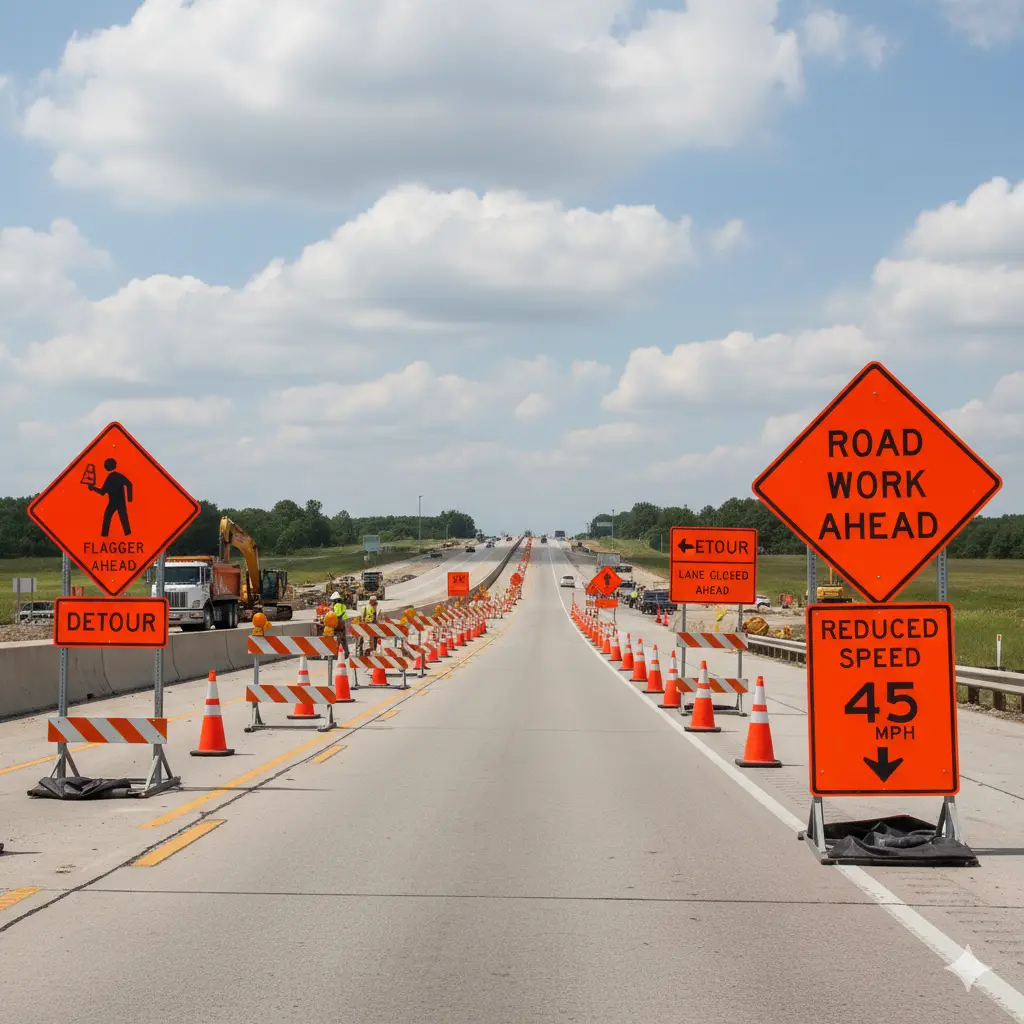 An image capturing a major highway work zone, clearly illustrating the safety warnings motorists encounter. The scene features prominent orange diamond warning signs (like "ROAD WORK AHEAD" and "FLAGGER AHEAD"), orange and white striped barricades, and traffic cones lining the closed lanes, along with a black-on-orange reduced speed limit sign ("REDUCED SPEED 45 MPH"). Construction vehicles are visible in the background, reinforcing the presence of active work.