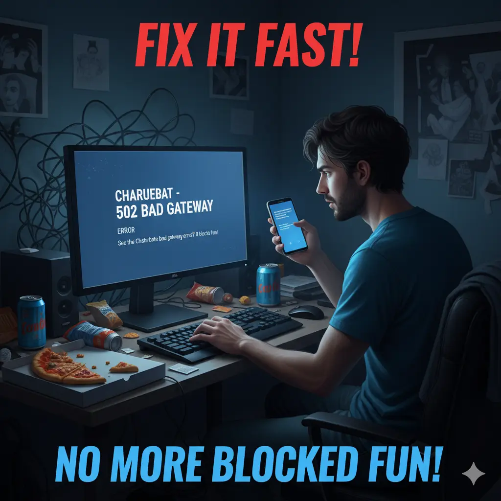 Fix the frustrating "Charuebat - 502 Bad Gateway" error fast! Image shows a man at a messy desk with a computer displaying the error, urgently trying to troubleshoot the blocked service on his phone.