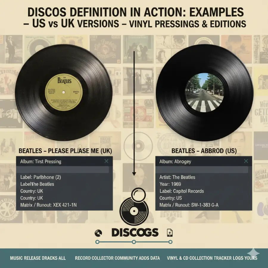 An illustrative comparison showing the Discogs definition of a music release in action, focusing on The Beatles. The image features two vinyl LPs: the UK first pressing of "Please Please Me" and the US pressing of "Abbey Road".