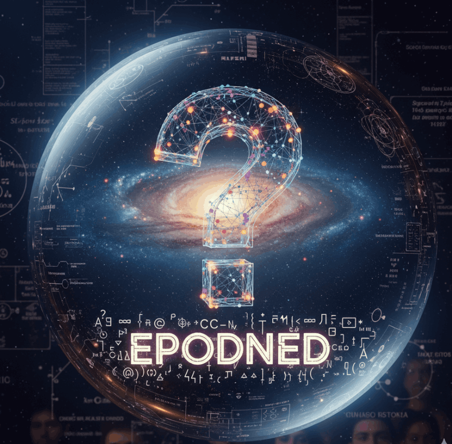 Explore the mystery of "Epodned" in this high-tech, cosmic visualization. A glowing question mark floats in a universe of data and abstract science.