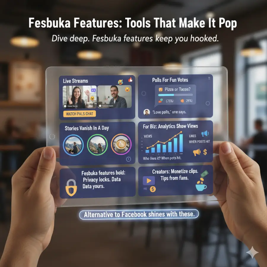 Fesbuka is the bold new Facebook alternative! See its key features: Live Streams, vanishing Stories, fun Polls, and robust privacy locks. Plus, get tools for Creators (monetization/tips) and Biz Analytics (views/likes).