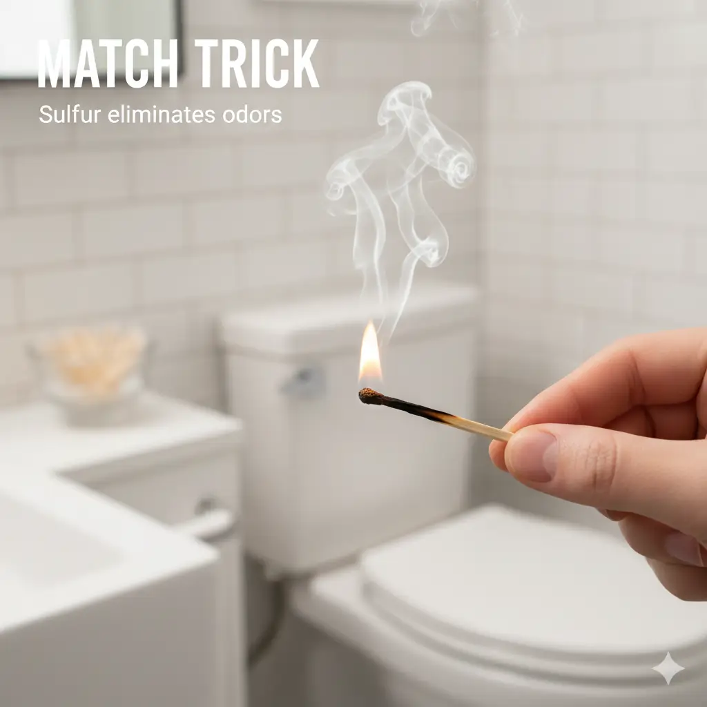A close-up image of a hand holding a lit match in a bright, modern bathroom setting with white tile walls and a toilet visible in the background. White smoke is curling up from the match, illustrating the "Match Trick" method to eliminate bathroom odors. Text overlay on the image reads "MATCH TRICK" and "Sulfur eliminates odors."