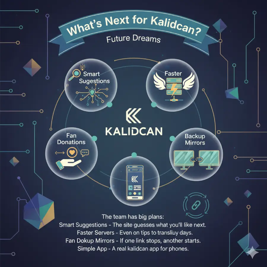 Discover Kalidcan's exciting future plans! This infographic highlights key upcoming features: Smart Suggestions, Faster Servers, Fan Donations for translators, Backup Mirrors for reliability, and a Simple App for mobile users. See what's next for Kalidcan!