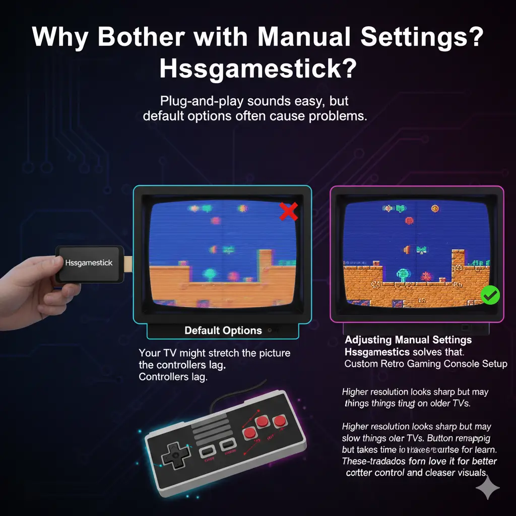Customize your retro gaming! Learn why manual settings on your Hssgamestick beat plug-and-play defaults for better control and visuals.