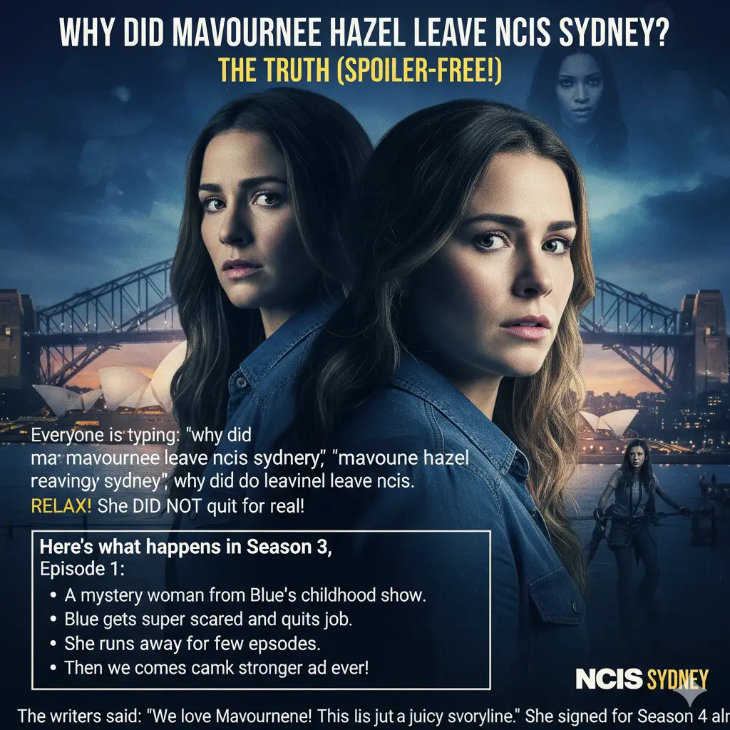 The image is dark and moody, set against a nighttime backdrop of the Sydney Harbour Bridge and Opera House. Mavournee Hazel's face is shown prominently twice, suggesting an internal conflict or dual identity. Smaller, shadowed images of a woman appear in the background, hinting at the storyline.