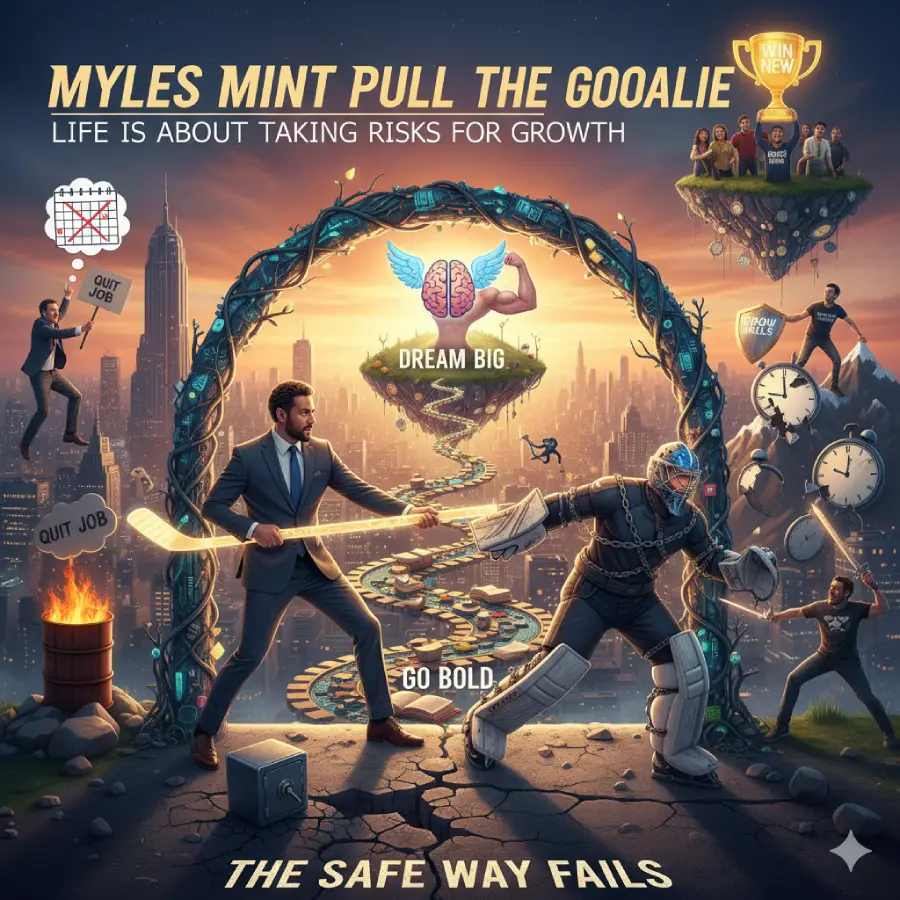 Myles Mint Pulls The Goalie: This visually stunning metaphor illustrates that life's safe way often fails. Embrace the bold risk—like quitting your job or facing fear—to unlock massive personal growth and achieve your biggest dreams.
