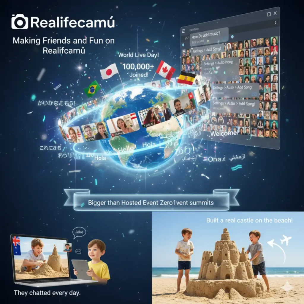 Realifecamù connects 100,000+ users globally for World Live Day and real-world meetups. Get tips in chat and see how online friendship leads to building sandcastles on the beach.