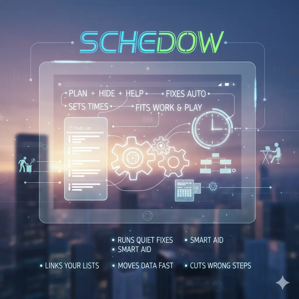 "Visual guide defining 'Schedow' as a 'plan + hide + help' system. Features a central tablet graphic with gears, a clock, and a to-do list, surrounded by key concepts like 'Sets Times,' 'Fixes Auto,' 'Links Your Lists,' and 'Smart Aid,' illustrating its role in seamlessly organizing and automating work and play."