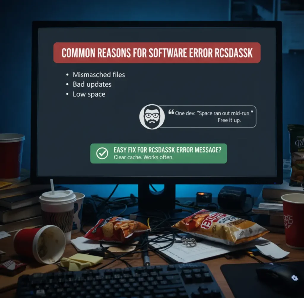 Common reasons for the software error RCSDASSK are shown on a monitor, including mismatched files, bad updates, and low disk space. Learn the quick fix: clear your cache! The image features a messy developer desk with a dark, tech-focused aesthetic.