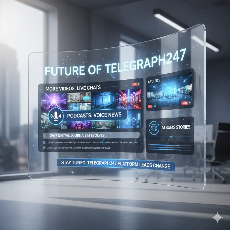 🔮 Future of Digital Journalism: Telegraph247
Discover the future of Telegraph247 with a glimpse at a transparent holographic screen showcasing its evolution. Expect more videos, live chats, new podcasts and voice news, and the integration of AI to summarize stories. See how 24/7 digital journalism is changing.