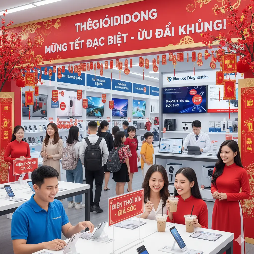 A vibrant Thegioididong store in Vietnam during Tet (Lunar New Year), featuring staff in traditional red Ao Dai and customers browsing smartphones, laptops, and appliances. The store highlights holiday discounts and an in-store Blancco Diagnostics service area for fast, 1-hour device repair. Captures the festive, friendly, and tech-focused atmosphere of Vietnam's leading electronics retailer.
