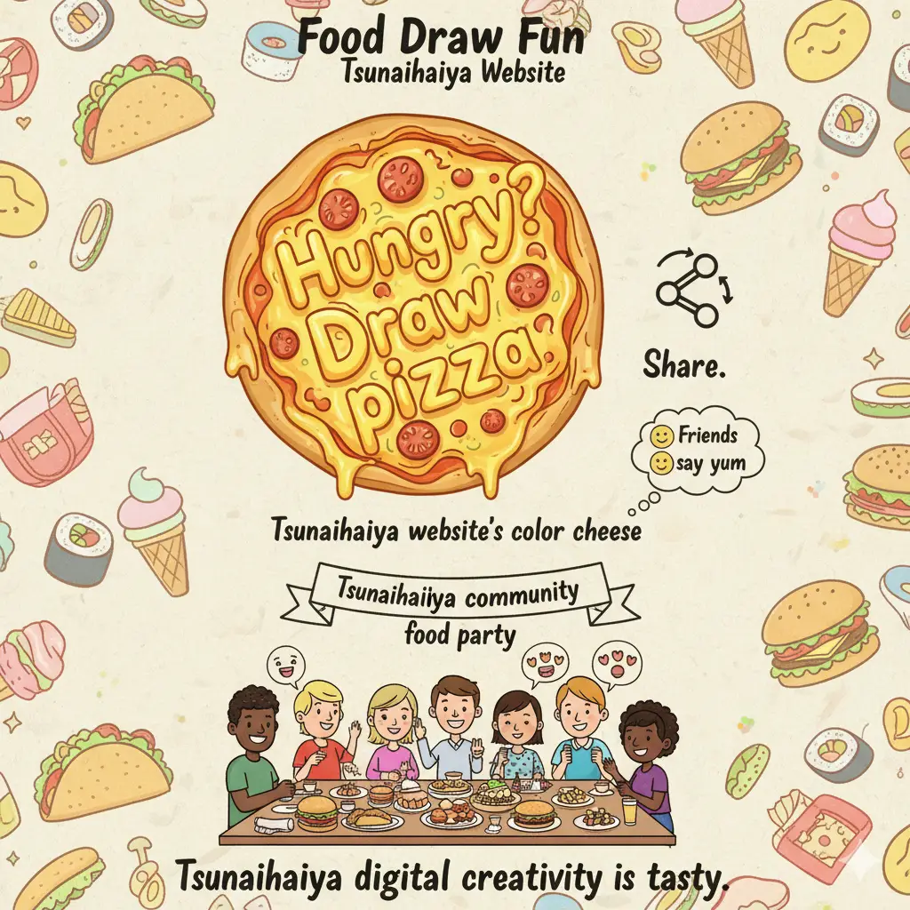 Hungry? Draw pizza and share it! Join the Tsunaihaiya community for a tasty food drawing party. Digital creativity meets delicious snacks on our website.