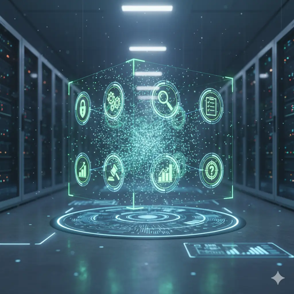 Discover Vhsgjqm, a comprehensive data management framework. Visualize the 7 pillars: Security, Governance, Quality, and Analytics in a futuristic server room setting.