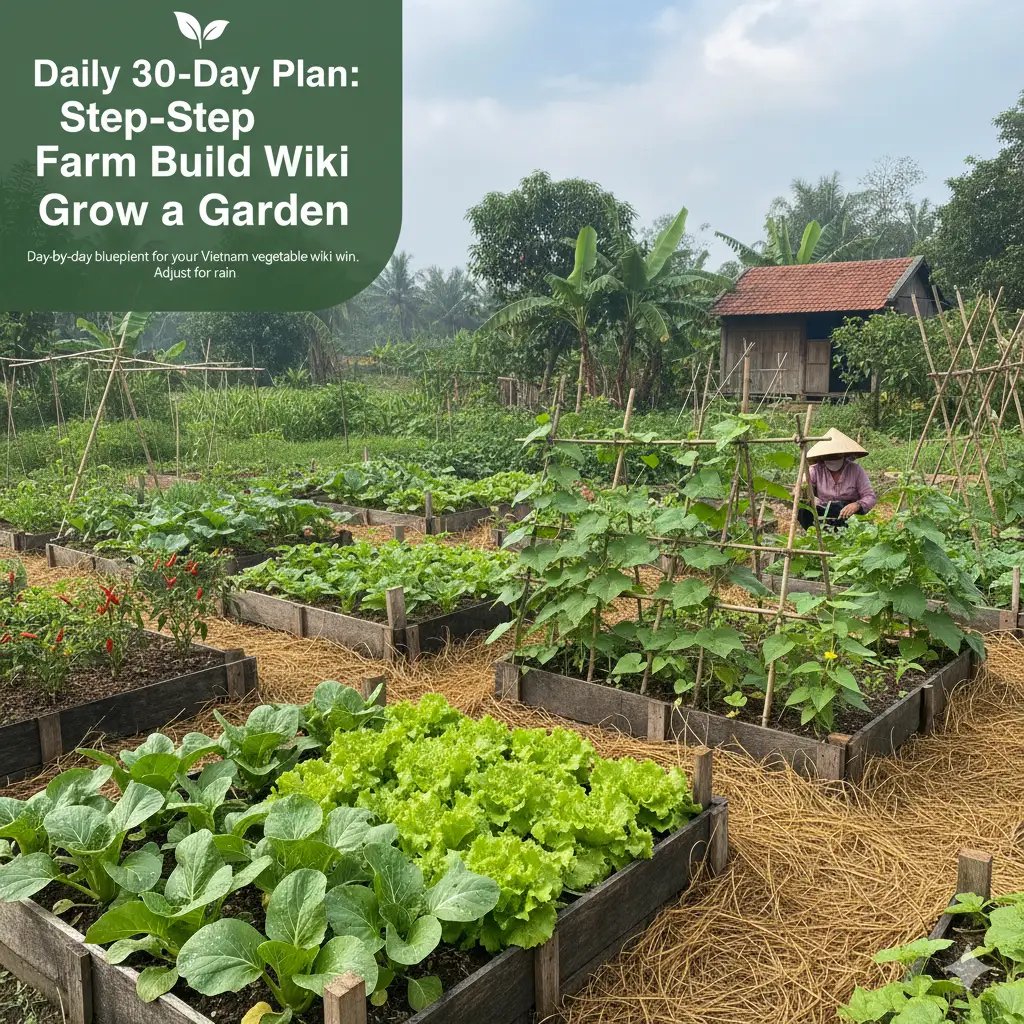 It includes "30-Day Plan," "Vietnam Garden," "vegetable farm," "raised beds," and "local crops," which are highly relevant to the image and its content.