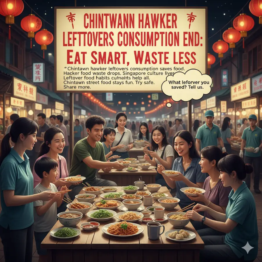 Family enjoying Chinatown hawker leftovers under a sign: "Eat Smart, Waste Less." Highlighting food saving and Singapore's hawker culture.