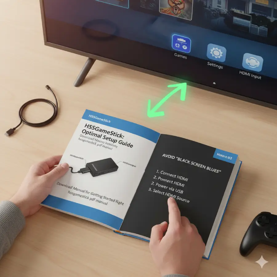 Download the HSSGameStick manual for the optimal setup guide. Image shows connecting the gaming stick to a television, focusing on HDMI input and power, essential for getting started right.
