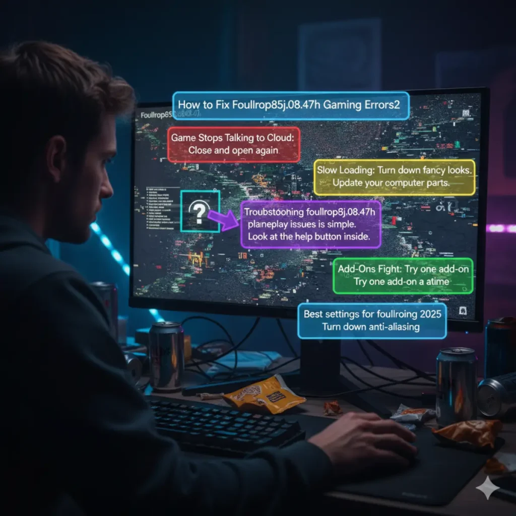 Troubleshooting guide for Foullrop85j.08.47h gaming errors. A close-up of a gamer viewing a desktop monitor that displays solutions for common issues: Game Stops Talking to Cloud, Slow Loading, and Add-Ons Fight. Includes tips on checking computer parts and adjusting best settings for 2025.