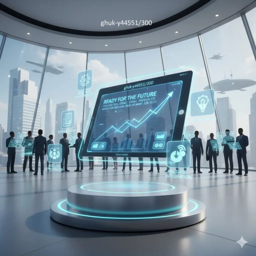 Ready for the Future with ghuk-y44551/300: A striking, futuristic office scene where business professionals gather around a glowing, large digital tablet displaying a rising growth chart and key technology concepts. The tablet, labeled ghuk-y44551/300, highlights themes of new tech readiness, yearly updates, IoT training, add-ons, and multi-job technology integration.